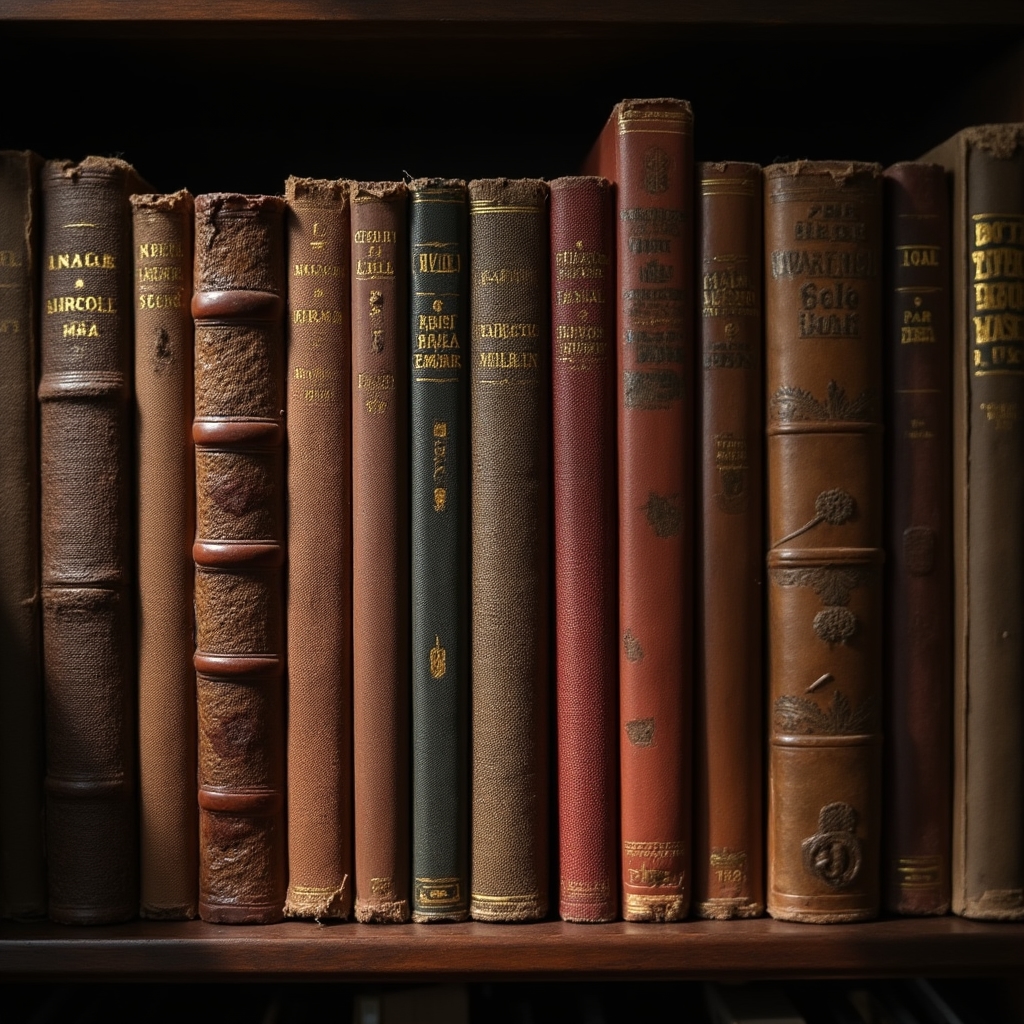 Collezione di libri antichi allineati su uno scaffale in legno prima dello smontaggio
