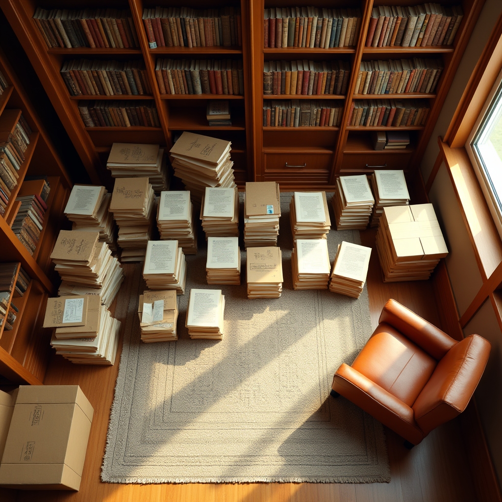 Scaffali di una biblioteca privata pronti per il trasloco, con libri catalogati