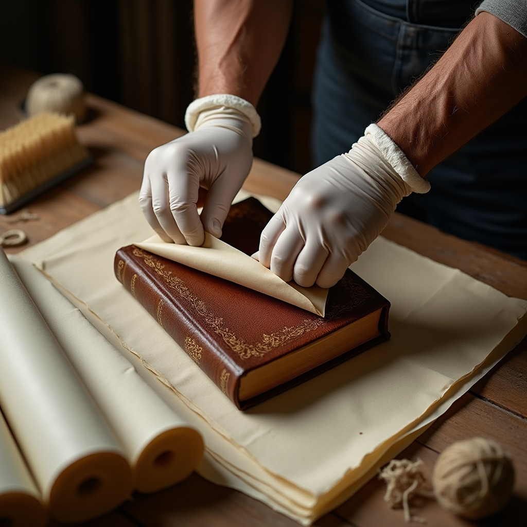 Libro antico avvolto in carta acid-free durante l'imballaggio protettivo