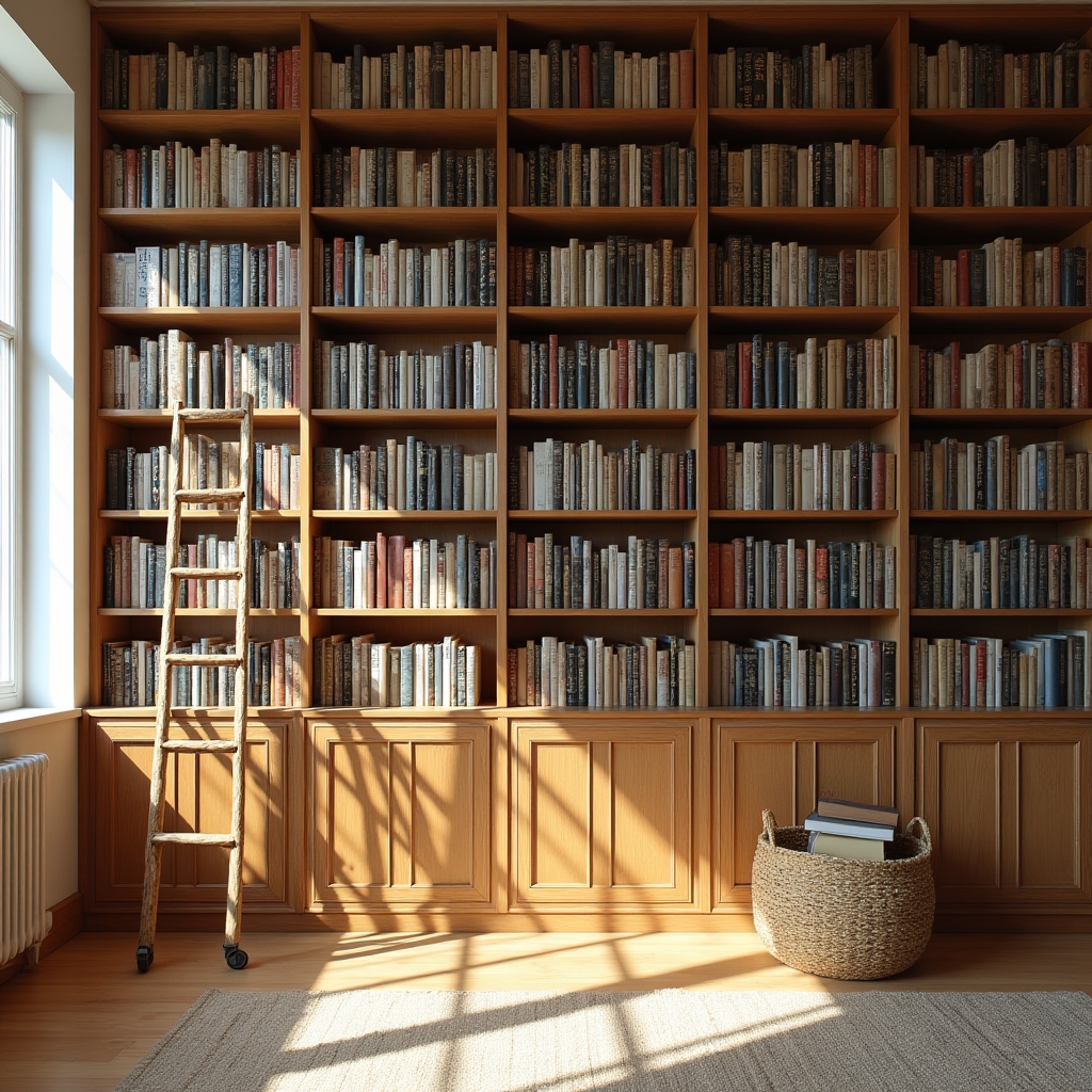 Libreria a muro in legno con volumi disposti su più ripiani in un salotto