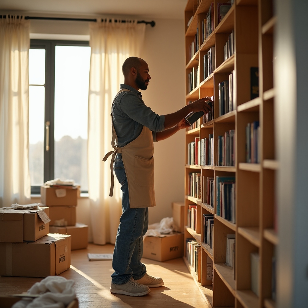 Rimontaggio di una libreria in legno con volumi ricollocati nell'ordine originale