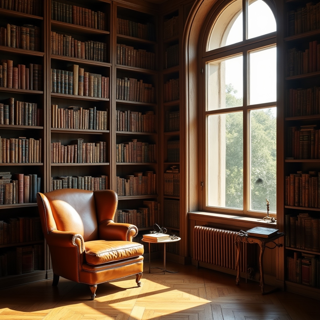 Sala di lettura privata con libreria a muro piena di volumi rilegati