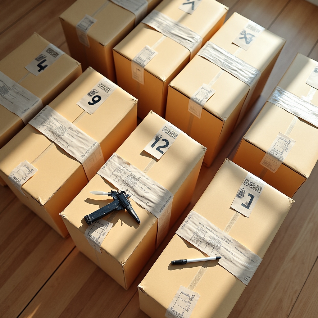 Scatole numerate impilate pronte per il trasporto di una biblioteca privata